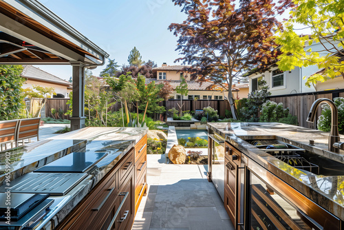 Modern Outdoor Kitchen featuring Grills and Exquisite Landscaping for Ultimate Enjoyment. Generative AI