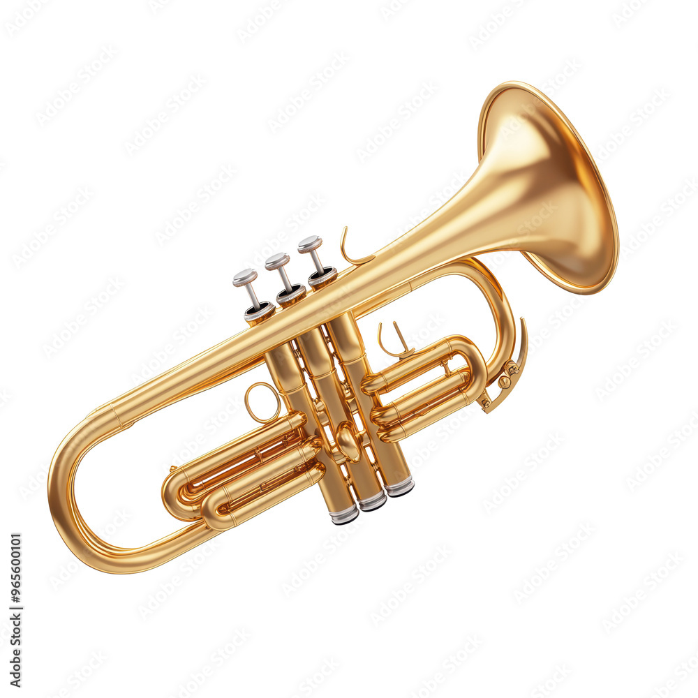 Obraz premium A shiny brass trumpet with three valves, commonly used in orchestras and jazz bands, showcasing a brilliant gold finish and intricate design