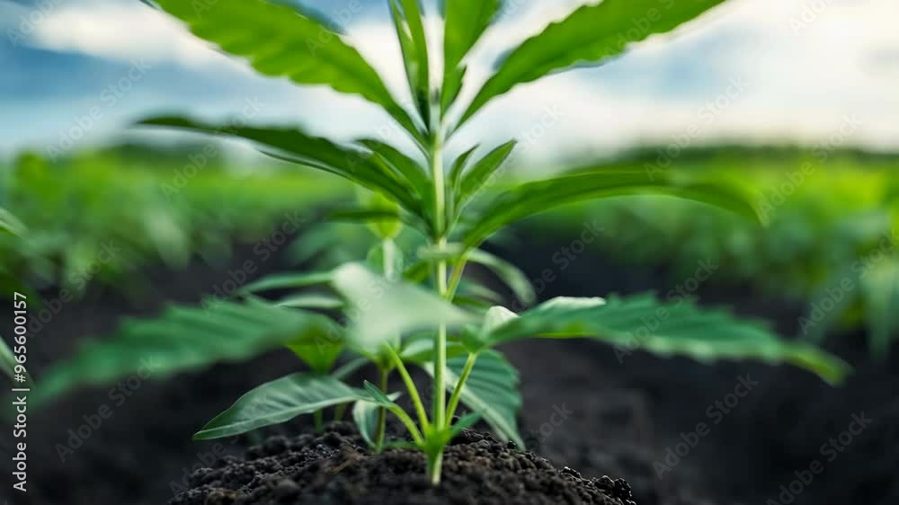 Young cannabis plant sprouting from soil, close-up view of marijuana seedling with vibrant green leaves Young cannabis plant sprouting from soil, close-up view of marijuana seedling with vibrant green leaves