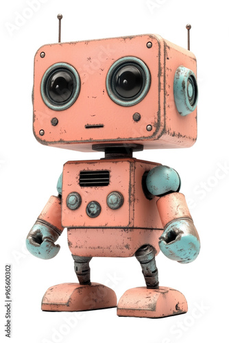 A charming retro robot with a pink and blue color scheme, featuring large eyes and a friendly expression. The robot has a slightly worn and vintage look