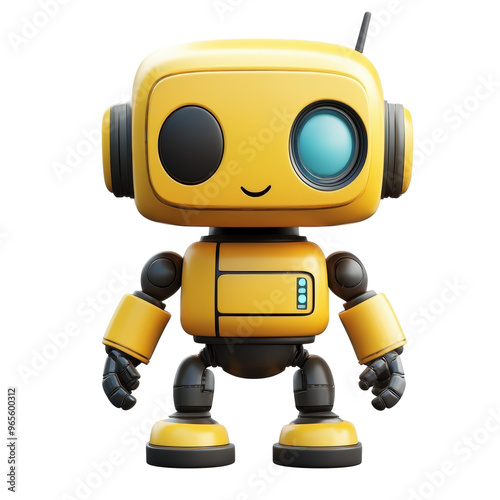 A cheerful yellow robot character with a friendly expression, designed with a round head and modern features, showcasing a playful and approachable personality