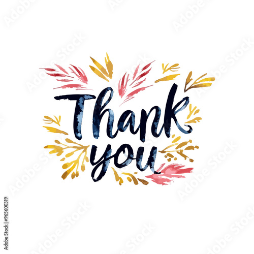 Handwritten calligraphy 'Thank You' with watercolor floral design in pink, yellow and gold on white background.