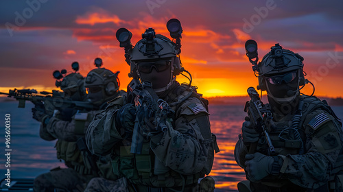 Navy Seals in full gear and waring night googles on the head 