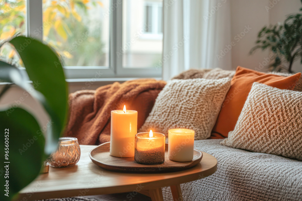 Cozy living room with candles on a wooden table, soft knitted cushions, and warm autumnal tones, creating a comfortable and relaxing atmosphere. Cozy living room with candles on a wooden table, soft knitted cushions, and warm autumnal tones, creating a comfortable and relaxing atmosphere.