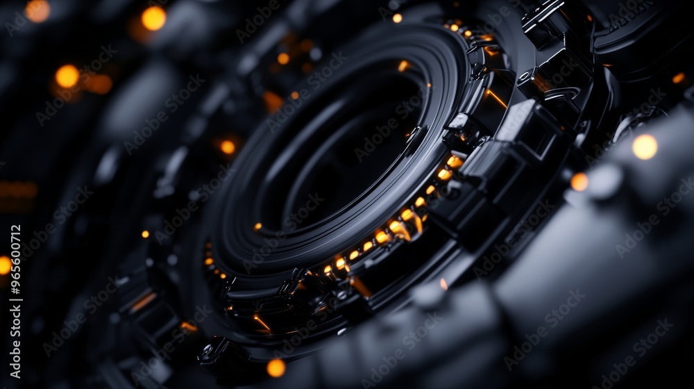 Fototapeta premium Close-up of futuristic technology mechanism with glowing elements. High-tech abstract background with intricate mechanical details.