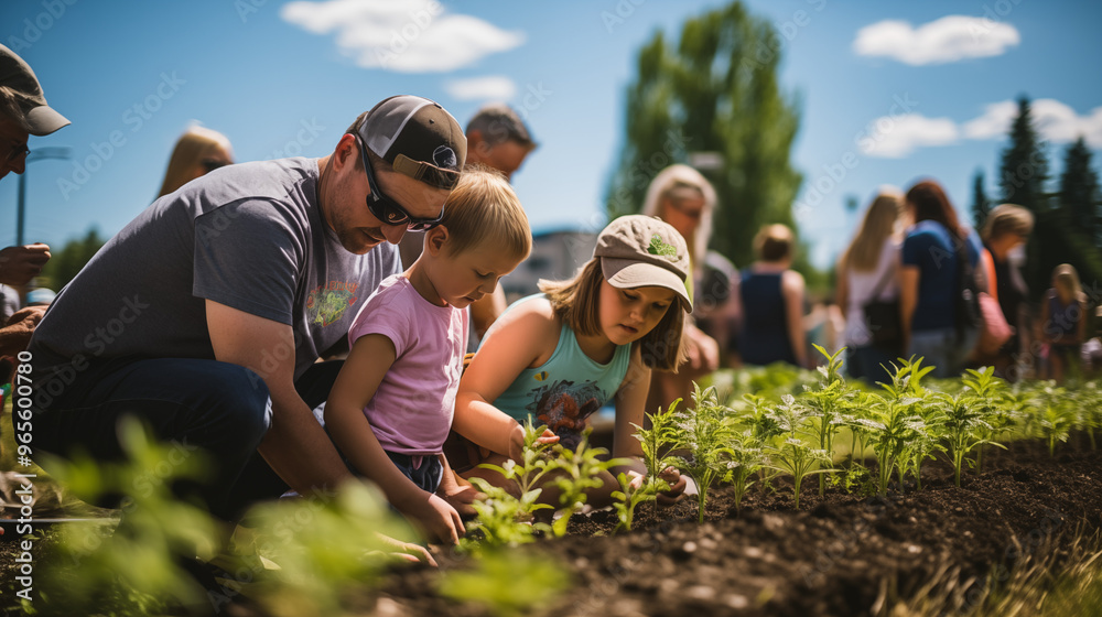 A family planting flowers together in a community garden, bright and clear afternoon sky A family planting flowers together in a community garden, bright and clear afternoon sky