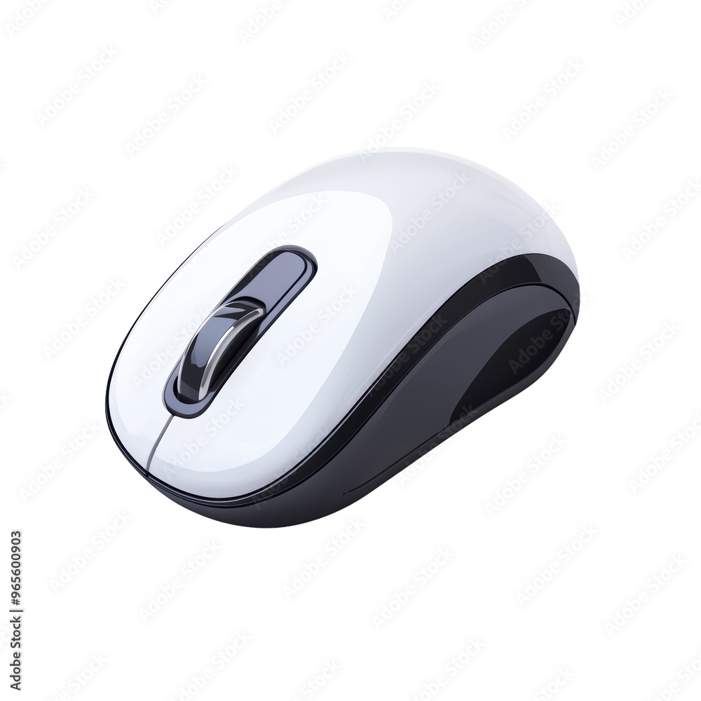 A sleek, modern computer mouse featuring a glossy white surface and a contrasting black base, designed for ergonomic comfort and precision control A sleek, modern computer mouse featuring a glossy white surface and a contrasting black base, designed for ergonomic comfort and precision control