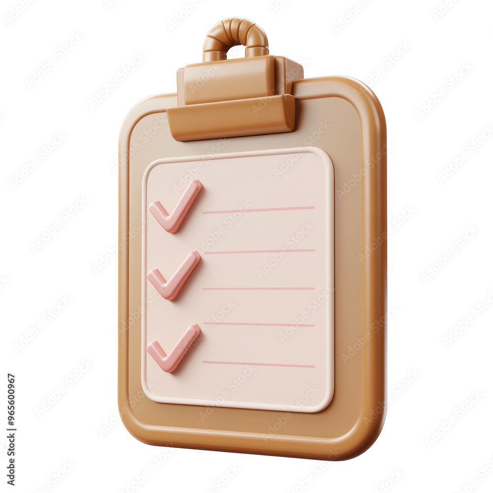 A 3D rendered clipboard with a checklist featuring three checked items. The design is simple and clean, emphasizing organization and task completion A 3D rendered clipboard with a checklist featuring three checked items. The design is simple and clean, emphasizing organization and task completion