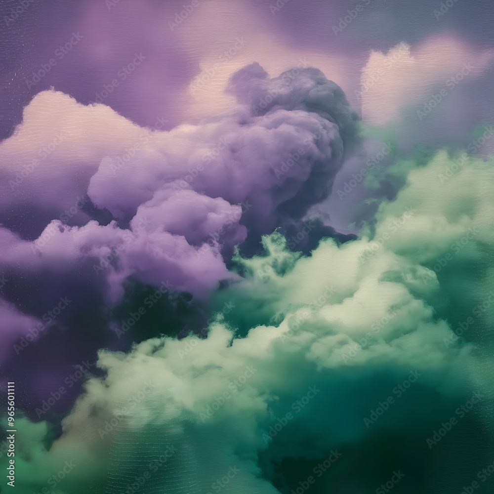 An abstraction of clouds and fog with a purple to green gradient. Image displays a distinct paper texture and grain at full size.