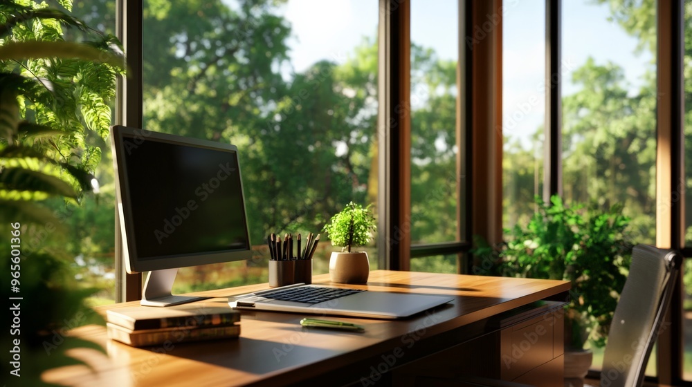 Fototapeta premium Cozy home office with a large window showing a green, scenic view. Laptop, plants, and a computer monitor creating a natural office environment.