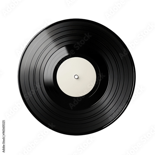 A close-up of a classic black vinyl record with a plain white label in the center, showcasing its grooves and smooth surface, symbolizing vintage music culture