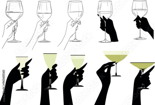 Women holding wine glasses or drinking cocktails in a minimalist silhouette.