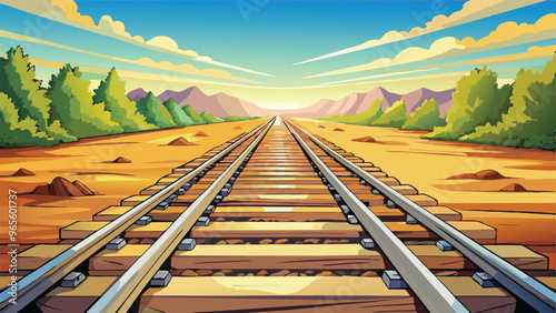 train tracks stretch out into the distance disappearing into a vanishing point on the horizon. vector art illustration. AI GENERATED