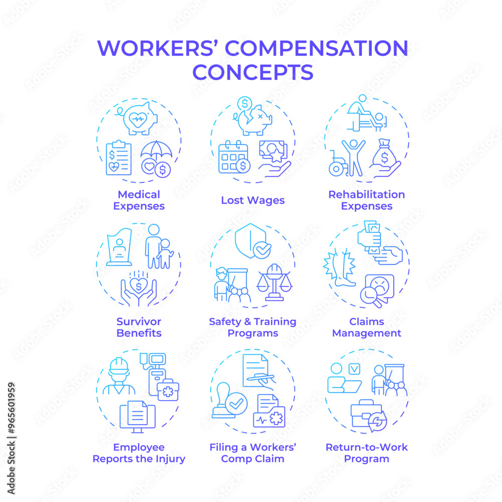 Workers compensation blue gradient concept icons. Workplace safety, medical service. Injury treatment. Icon pack. Vector images. Round shape illustrations for infographic, presentation. Abstract idea Workers compensation blue gradient concept icons. Workplace safety, medical service. Injury treatment. Icon pack. Vector images. Round shape illustrations for infographic, presentation. Abstract idea