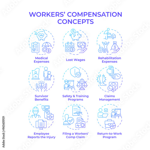 Workers compensation blue gradient concept icons. Workplace safety, medical service. Injury treatment. Icon pack. Vector images. Round shape illustrations for infographic, presentation. Abstract idea