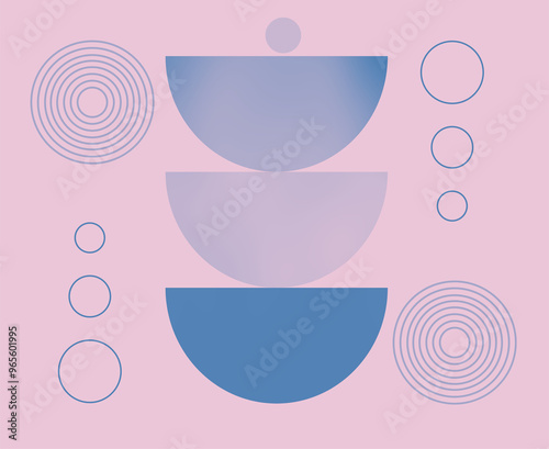 Minimalist geometric boho-style wall art in bluewith a light pink background photo