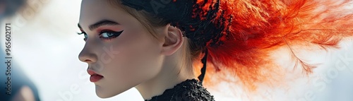 A striking model showcases avant garde fashion with dramatic makeup and unique hairstyle featuring vibrant red accents. artistic expression captures bold and theatrical essence