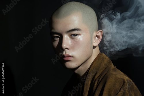 A stock illustration showing a young ethnic male priest in a black worship garment looking at the camera over a dark, smoky background