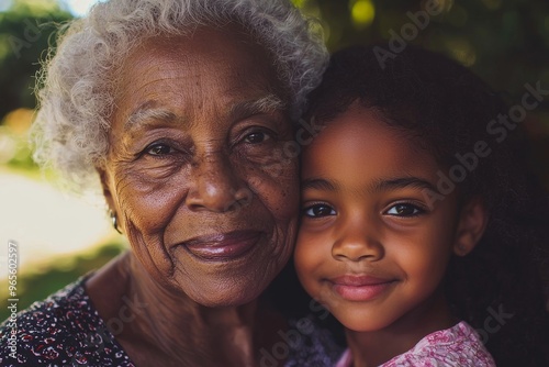 Typical grandmother and granddaughter portrait outdoors smiling, closeup. Stock photo.