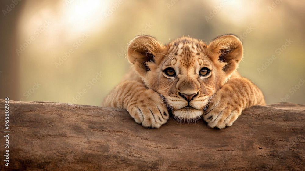 Obraz premium A cute lion cub with paws on a log, gazing curiously with soft golden sunlight in the background, capturing a heartwarming wildlife moment.