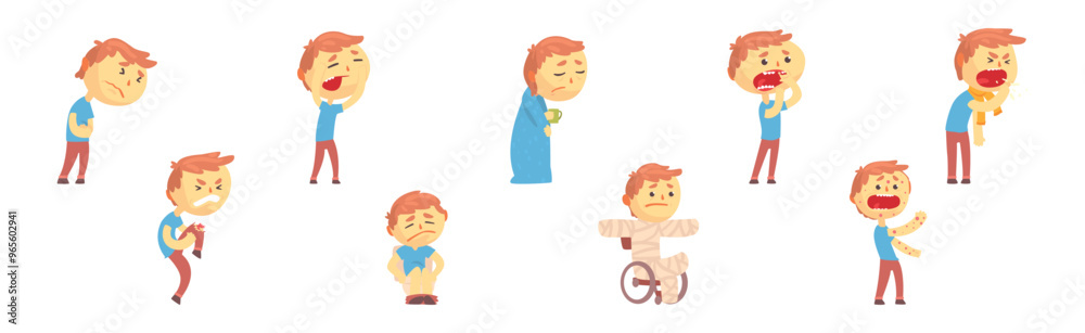 Fototapeta premium Boy Character Feel Unwell Suffer from Disease Symptoms Vector Set