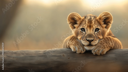 A cute lion cub with paws on a log, gazing curiously with soft golden sunlight in the background, capturing a heartwarming wildlife moment.