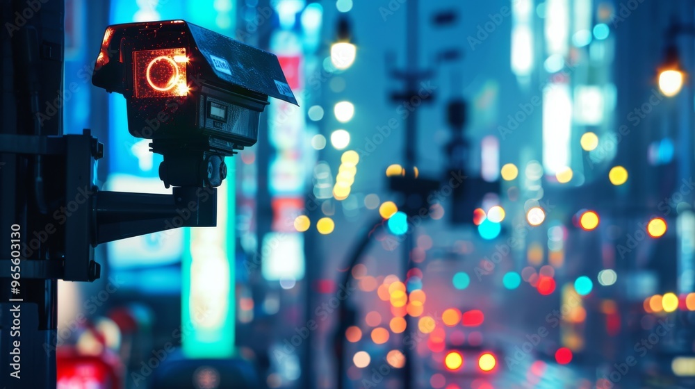 Cityscape with prominent street security camera Cityscape with prominent street security camera