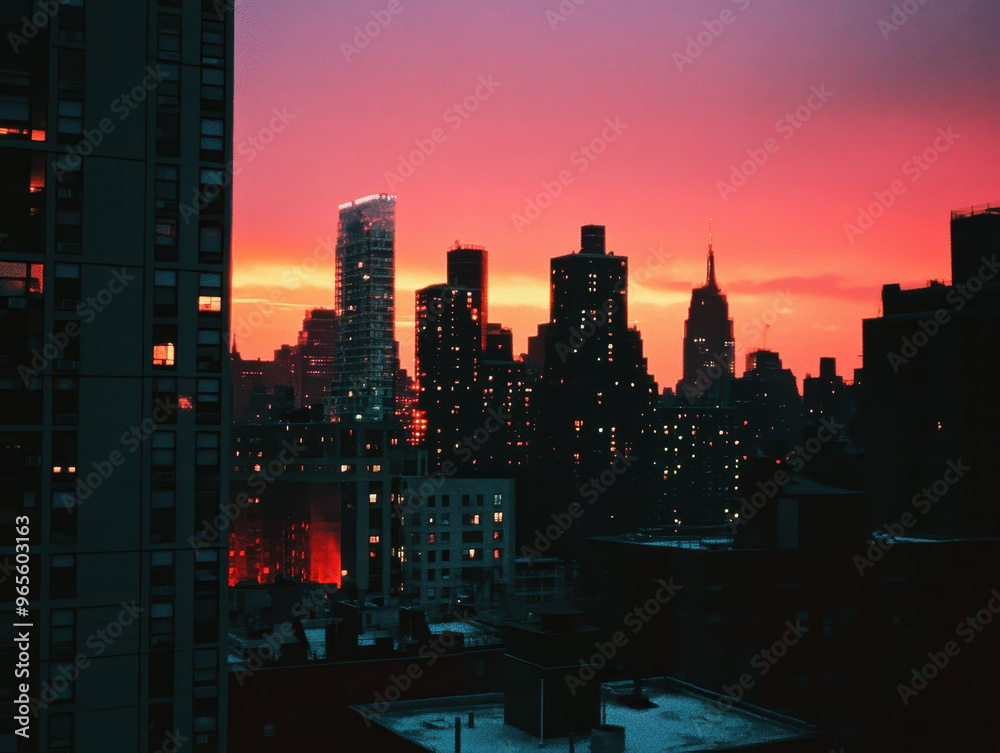 Fototapeta premium A stunning city skyline at dusk, showcasing vibrant colors of orange and purple as sun sets. buildings are illuminated, creating beautiful contrast against twilight sky