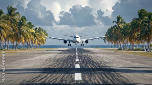 Tropical Island Airport Landing - Exotic Arrival with Palm Trees, Sandy Runway, and Ocean View photo