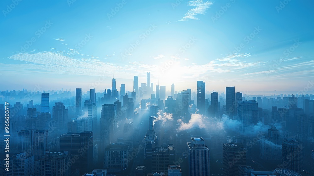 A Cityscape Bathed in Early Morning Light and Smog, Where Nature Meets Urban Life in a Striking Contrast A Cityscape Bathed in Early Morning Light and Smog, Where Nature Meets Urban Life in a Striking Contrast