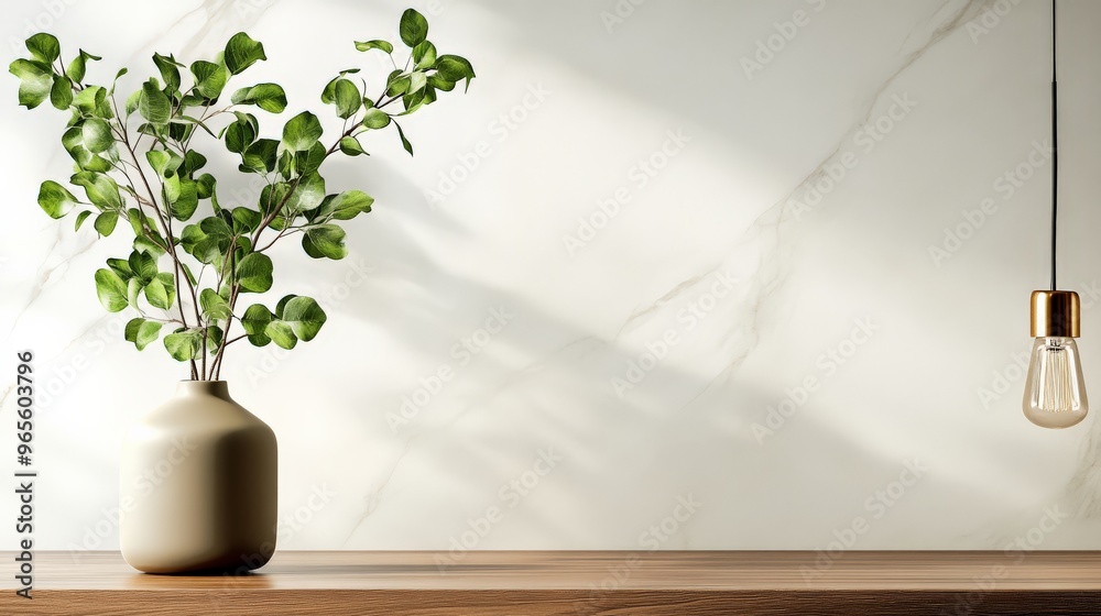 Minimalist interior design with leafy plant in ceramic vase on wooden table against marble background, featuring hanging light bulb. Minimalist interior design with leafy plant in ceramic vase on wooden table against marble background, featuring hanging light bulb.