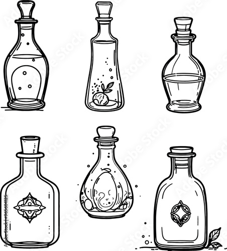 Small beautiful bottles for magic potions or parfume. icons for black and white e-liquid bottles or a magic crystal or artifact. Vector illustration