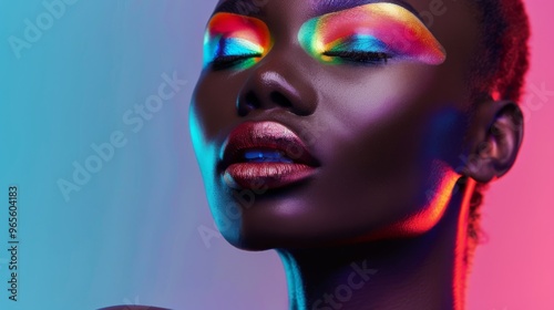 Fashion model with trendy glowing makeup, colorful eyeshadow, and glossy lips