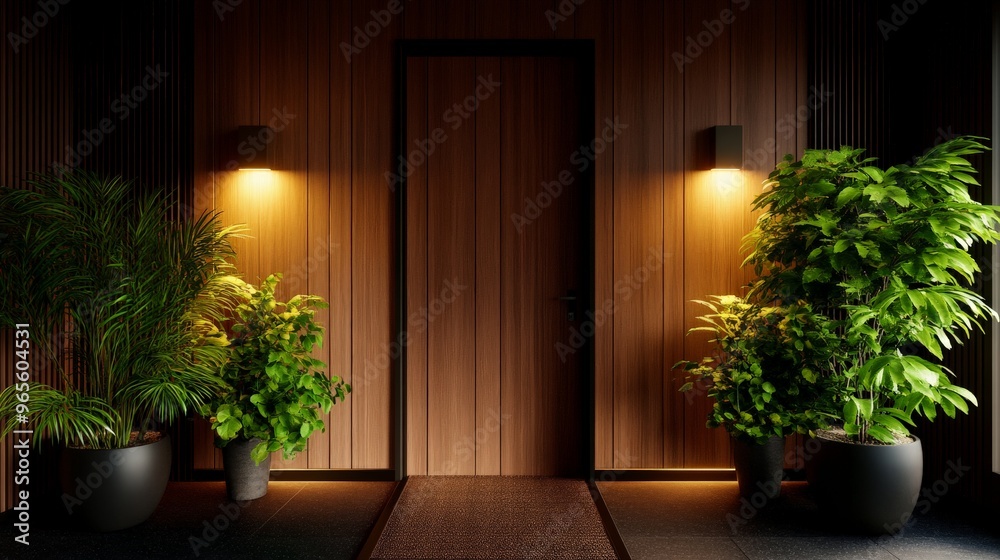 Fototapeta premium Minimalistic modern entrance featuring a wooden door, ambient lighting, and lush green potted plants on either side. Perfect for interior design.
