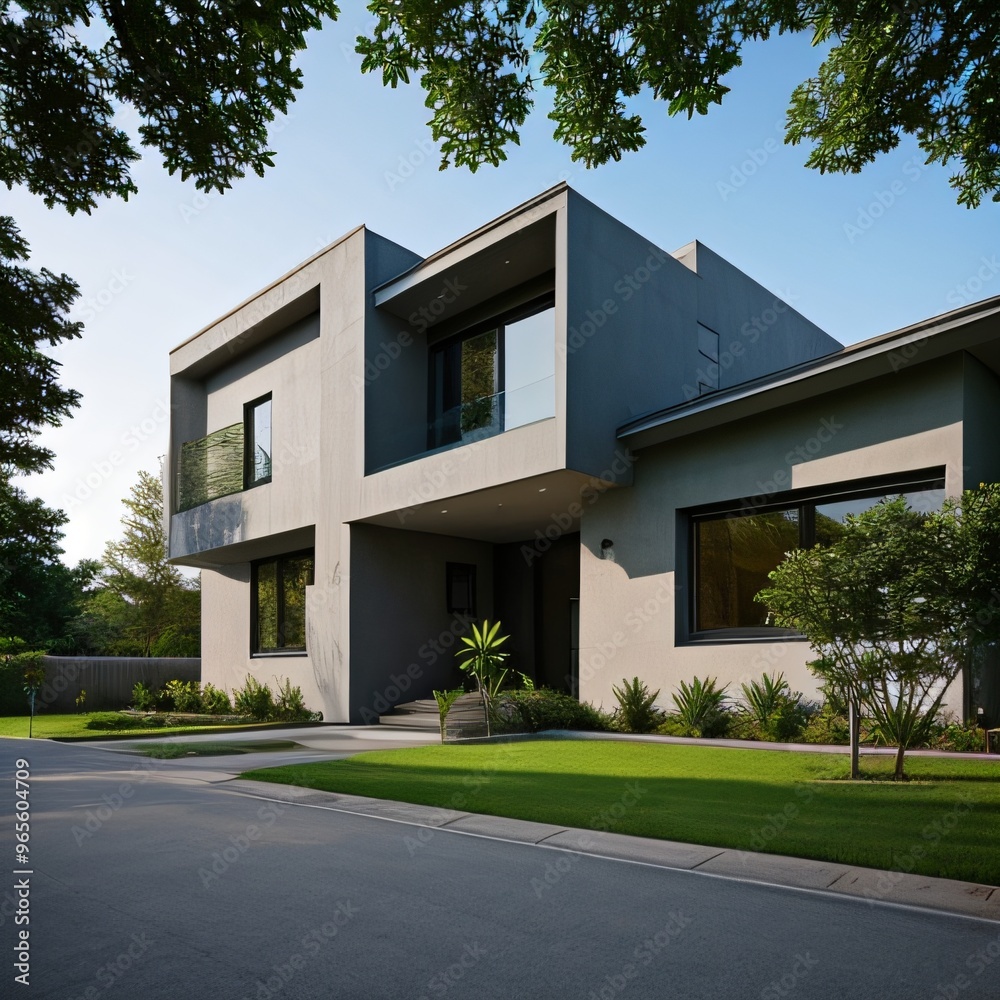 Modern luxury house with a well-manicured lawn..