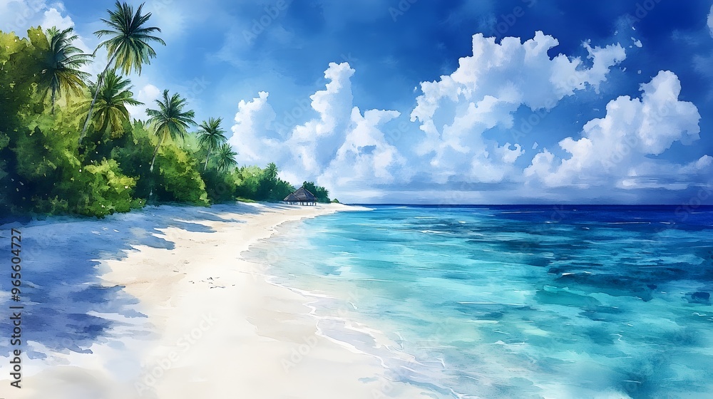 Watercolor Impressionist Tropical Beach Paradise with Turquoise Ocean and Sandy Shores Watercolor Impressionist Tropical Beach Paradise with Turquoise Ocean and Sandy Shores