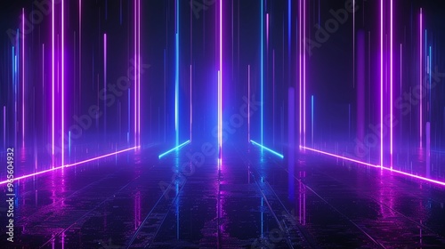 A captivating neon abstract scene with vibrant pink and blue vertical lights illuminating a dark reflective surface. Stage for product presentation.