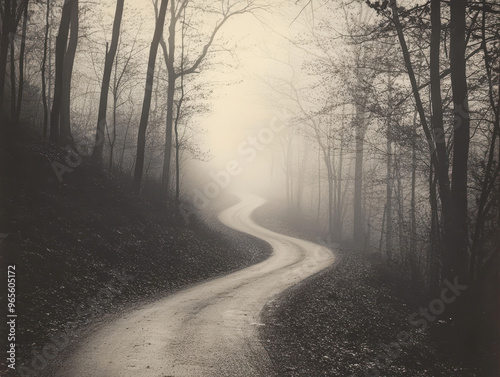 A moody film photograph captures lonely road winding through foggy forest, evoking sense of solitude and mystery. trees stand tall, shrouded in mist, creating an atmospheric scene