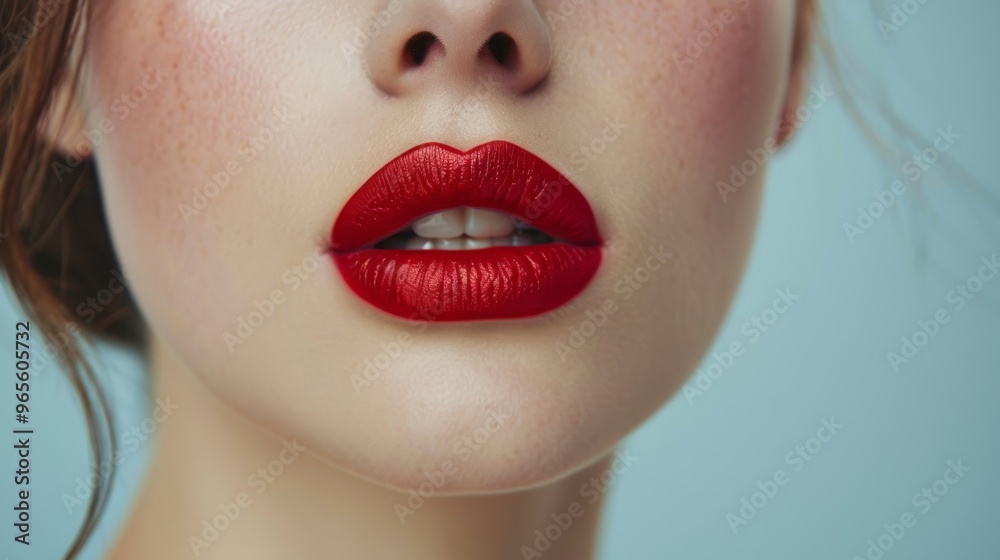 Fototapeta premium Lips with vibrant red lipstick against light skin