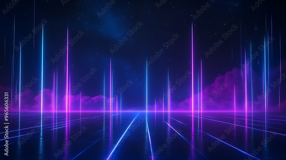 A futuristic neon landscape with vibrant colors and glowing lines, creating an immersive, digital experience. Stage for product presentation. A futuristic neon landscape with vibrant colors and glowing lines, creating an immersive, digital experience. Stage for product presentation.
