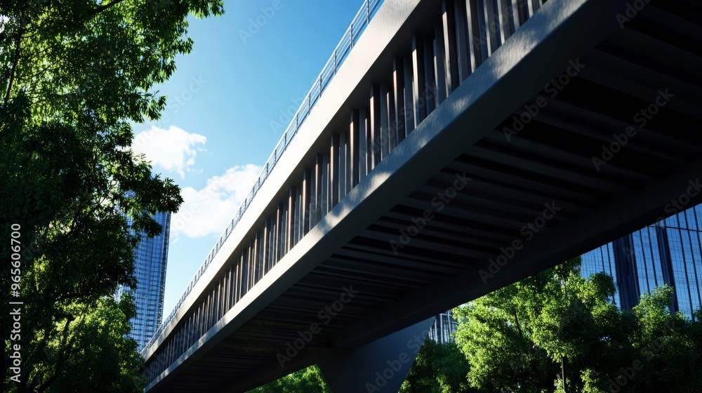Fototapeta premium Modern elevated bridge against blue sky surrounded by green foliage and high-rise buildings, showcasing urban infrastructure design.