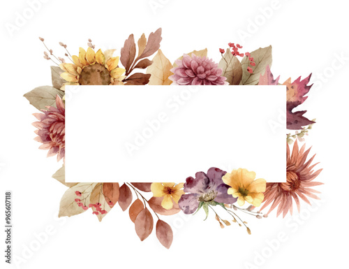 Autumn vector floral illustration clipart. Fall rectangle frame. Burnt orange, burgundy and terracotta flowers for rustic wedding design, greeting cards, thanksgiving decoration.