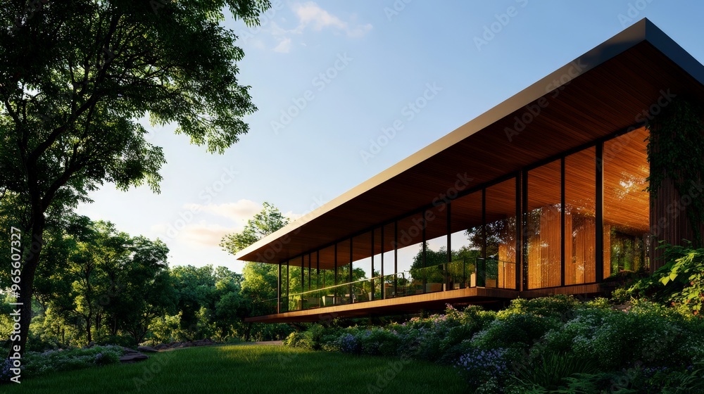 Modern glass house in forested area at sunset. Sleek architecture blends with nature, offering a tranquil retreat surrounded by greenery. Modern glass house in forested area at sunset. Sleek architecture blends with nature, offering a tranquil retreat surrounded by greenery.