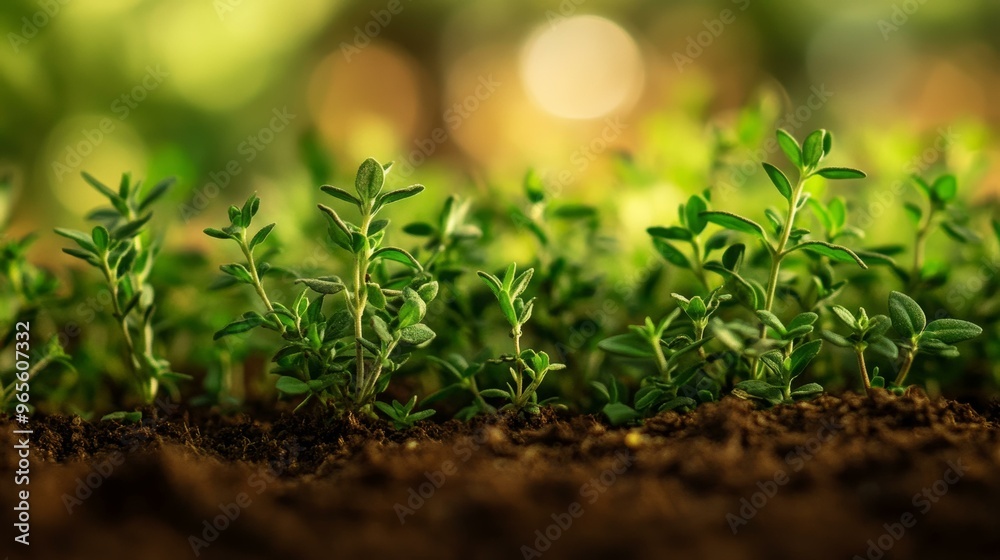 Close Up of Green Thyme Plants Growing in Soil Close Up of Green Thyme Plants Growing in Soil