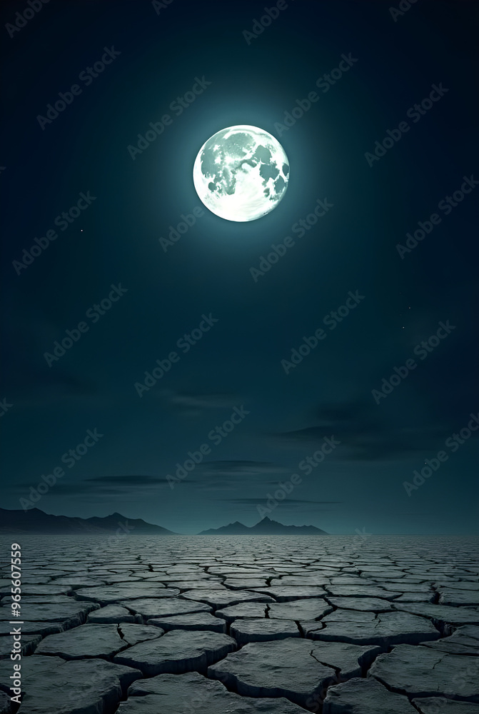 Obraz premium Landscape of night sky with a bright moon on top of a cracked dry desert 
