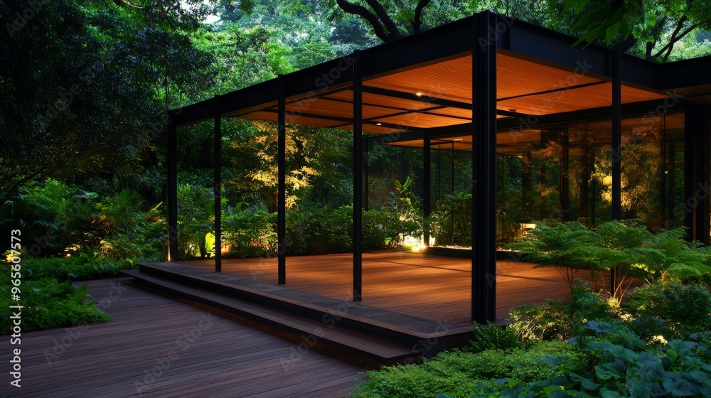 Modern glass pavilion amidst lush green garden, illuminated at night with warm lighting. Tranquil atmosphere for outdoor gatherings. Modern glass pavilion amidst lush green garden, illuminated at night with warm lighting. Tranquil atmosphere for outdoor gatherings.