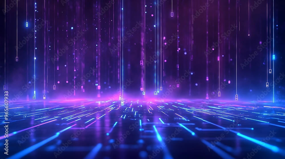 A mesmerizing futuristic digital landscape featuring vibrant neon colors and glowing lines, ideal for technology themes. Stage for product presentation.