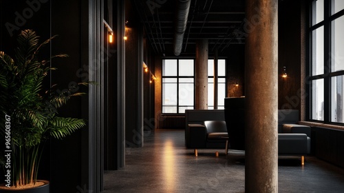 Modern industrial office interior with large windows, exposed pipes, and stylish furniture. Minimalistic design and natural light.