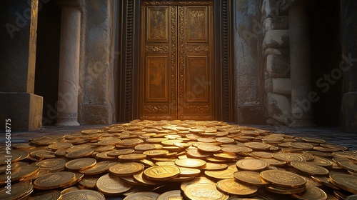 Golden coins covering floor leading to majestic doorway