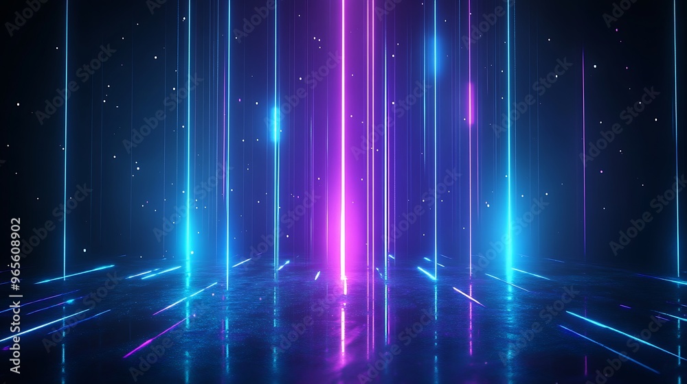 A stunning display of vibrant neon beams illuminating a dark background, perfect for futuristic and technology-themed projects. Stage for product presentation. A stunning display of vibrant neon beams illuminating a dark background, perfect for futuristic and technology-themed projects. Stage for product presentation.